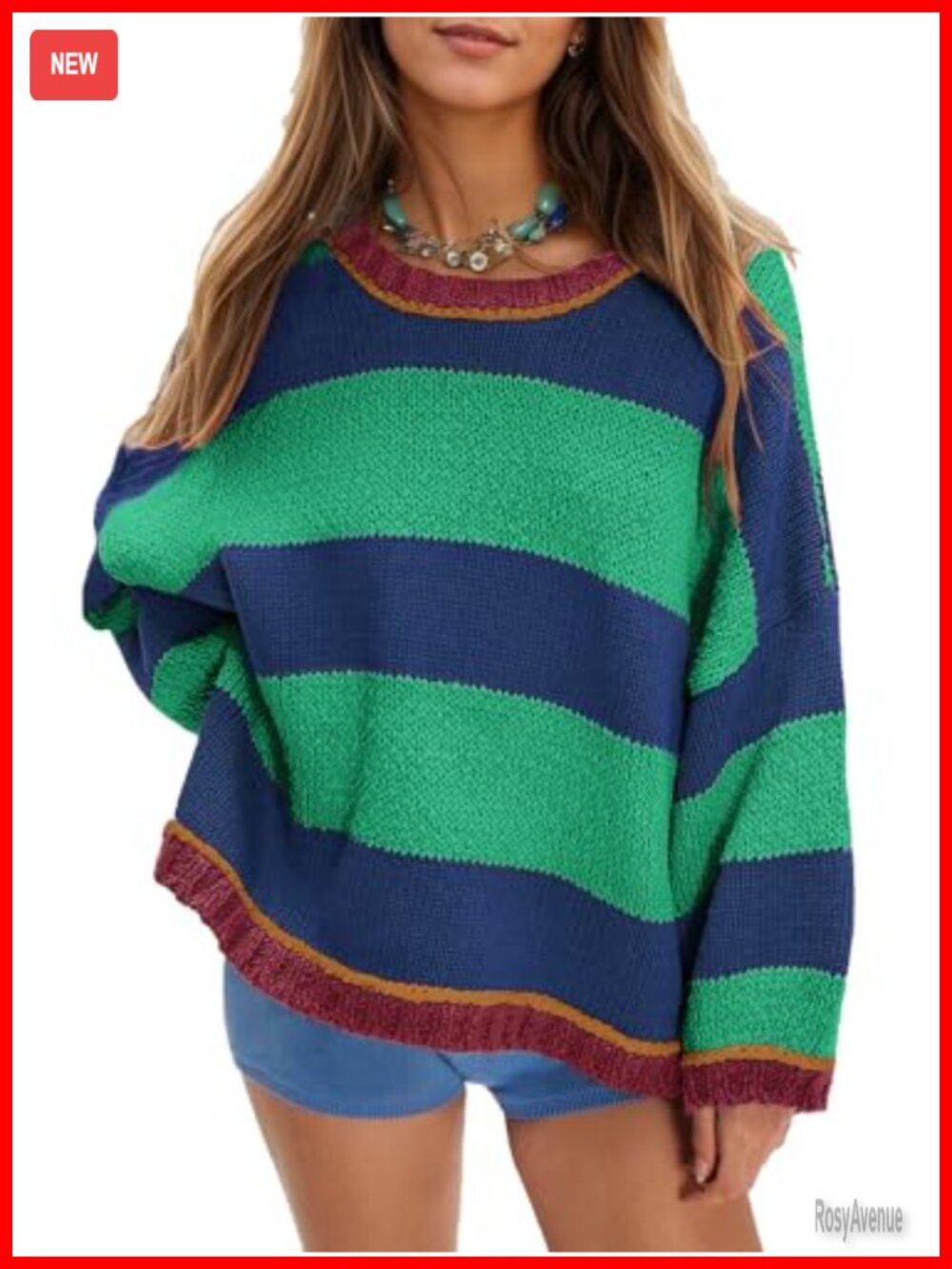 Women's Oversized Striped Chunky Knit Crewneck Sweater Pullover